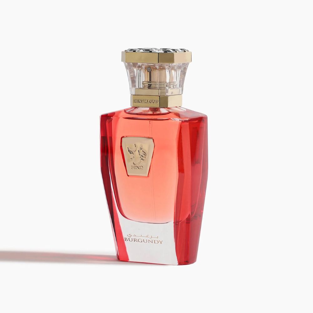 A side angle view of 50mL Parfum Bottle of Burgundy Parfum by Hind Al Oud 