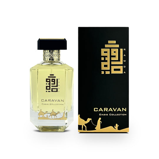 An EDP 100mL bottle of Caravan fragrance by Rawda along with its Box