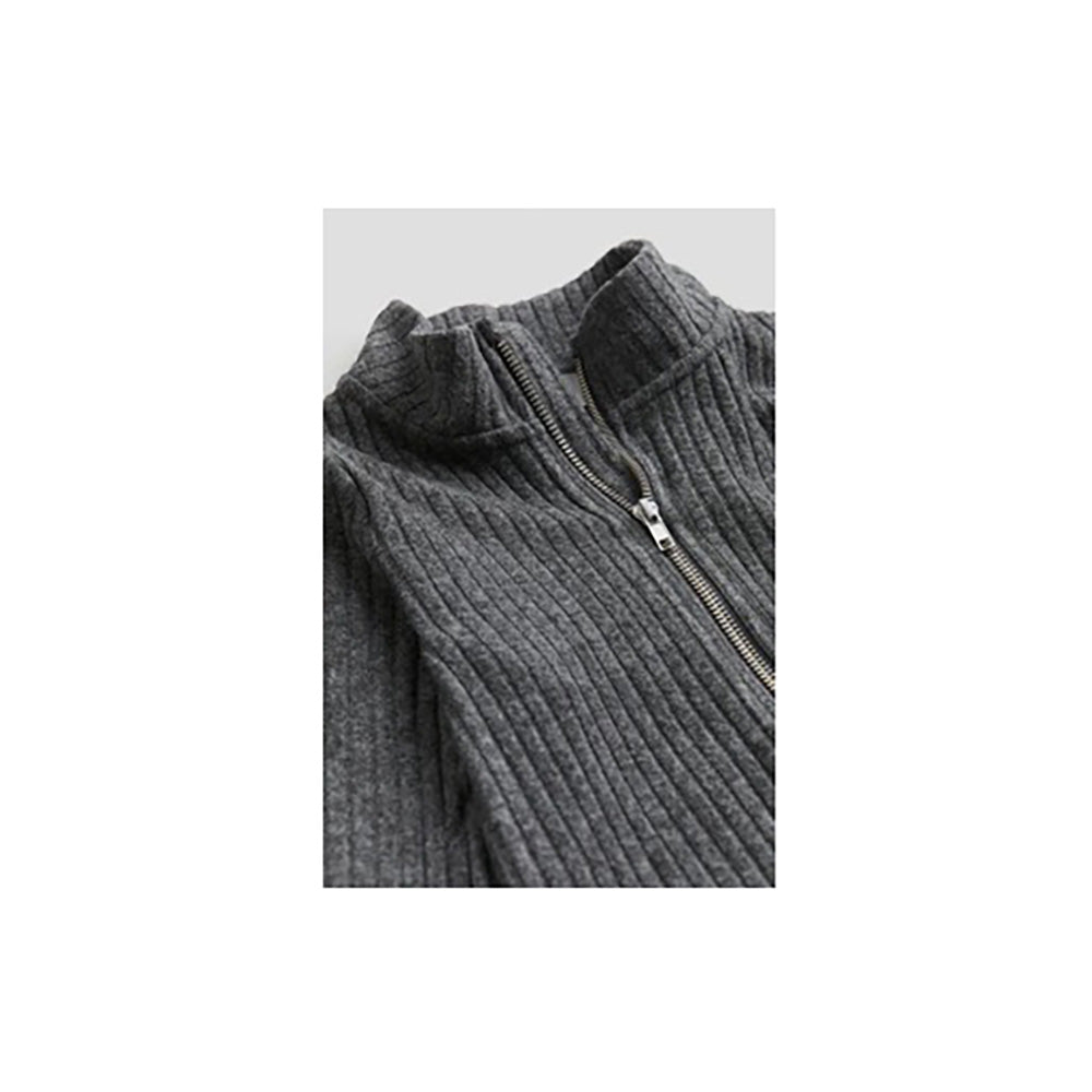 Grey Ribbed Cardigan Zip-through in Front and Stand-up Collar