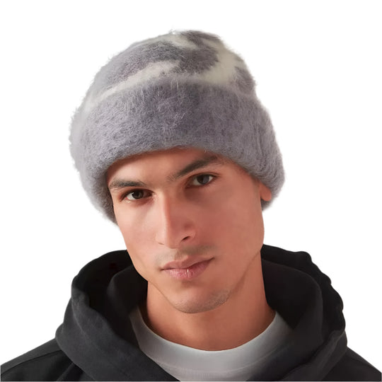 A model wearing Cole Buxton Luxurious Hand-Brushed Alpaca Grey Beanie with CB Logo