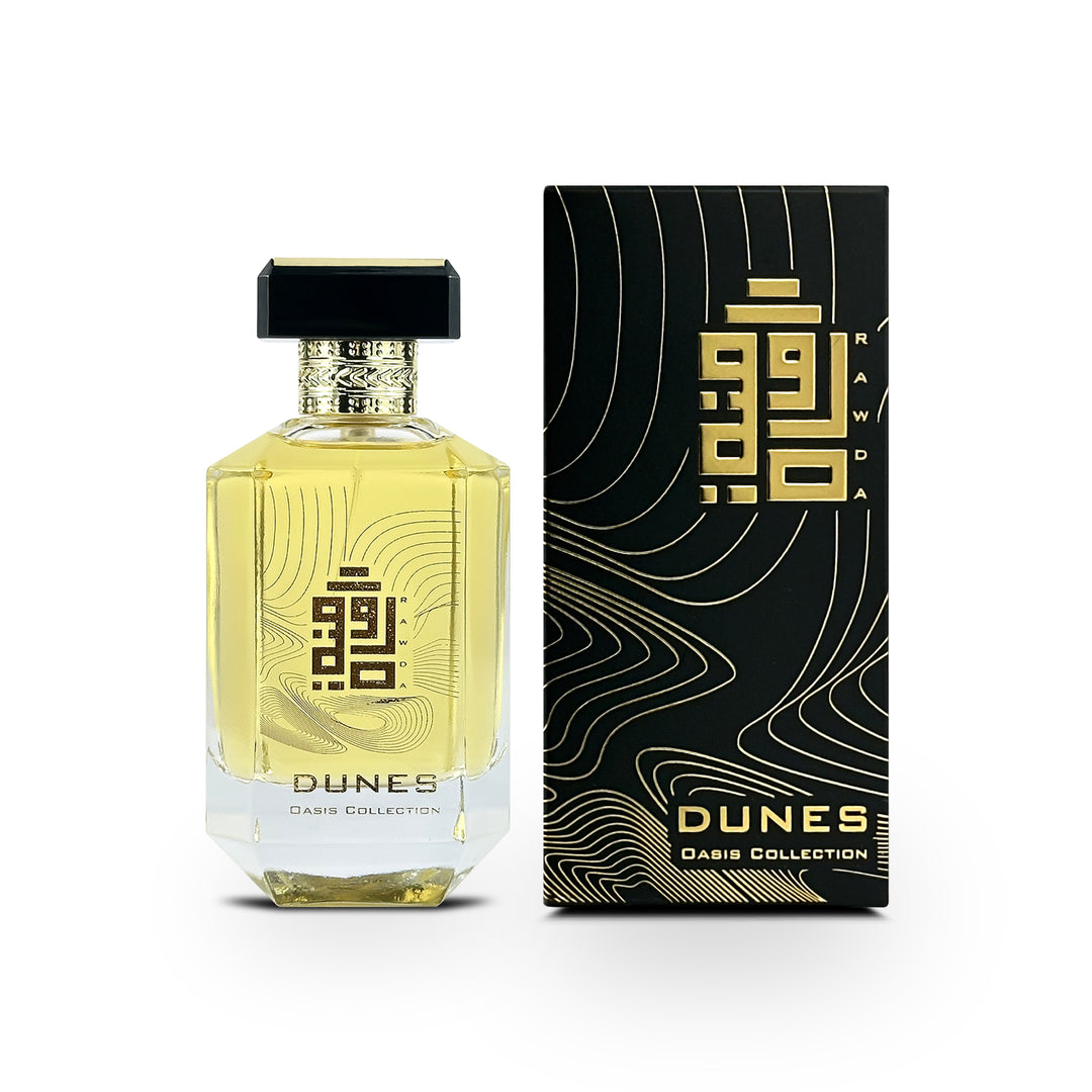 An EDP 100mL bottle of Dunes fragrance by Rawda along with its Box