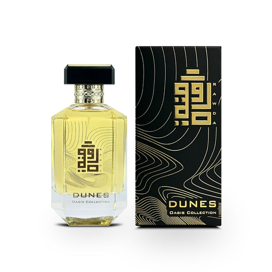 An EDP 100mL bottle of Dunes fragrance by Rawda along with its Box