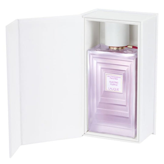 An EDP 100mL bottle of Electric Purple by Lalique along with its Box