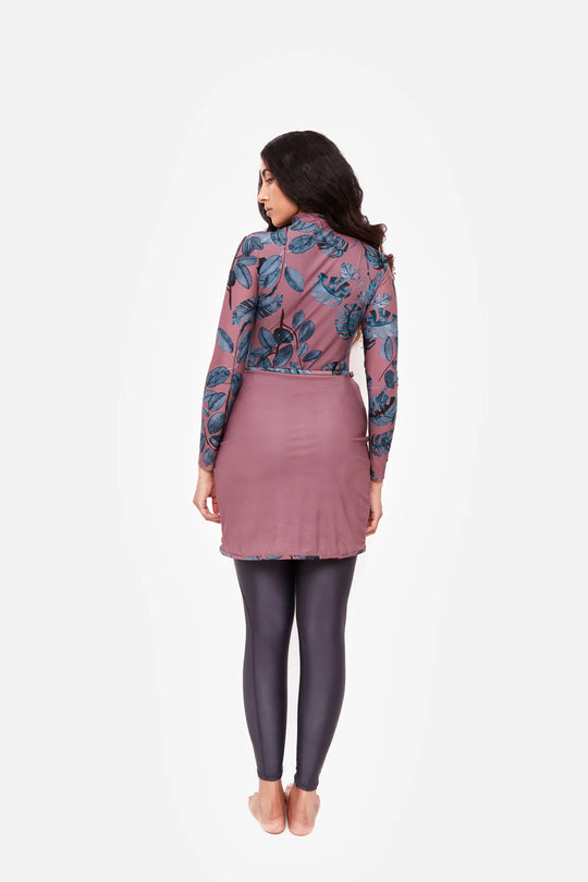 Rear view of the sofia mauve print swimwear