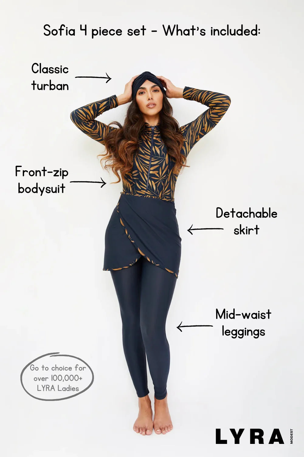 Sofia 4 piece set includes, classic turban, front zip bodysuit, detachable skirt and mid waist leggings
