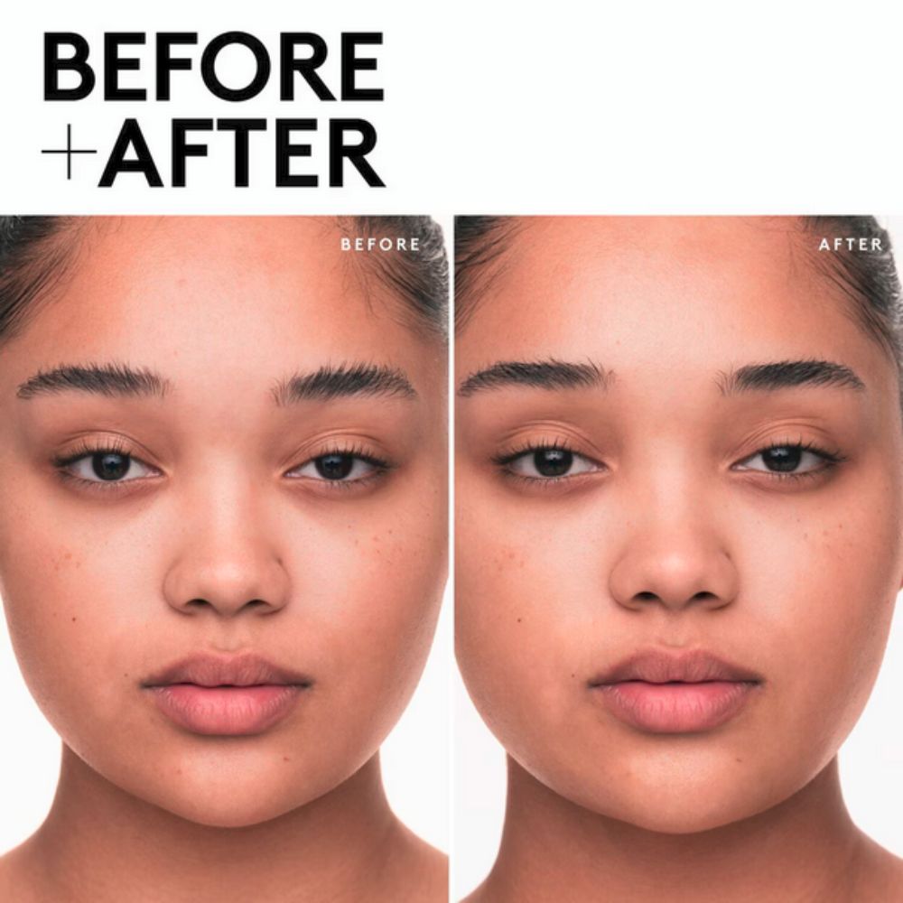 A "BEFORE + AFTER" comparison image shows a person's face. The "BEFORE" side on the left shows their skin with visible pores and some texture, while the "AFTER" side on the right shows the same person with noticeably smoother-looking skin, particularly around the nose and cheeks.
