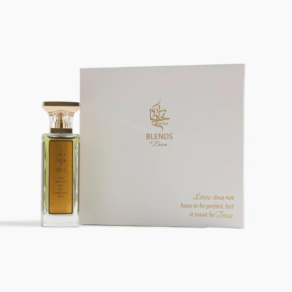 A 65mL bottle of Fik’r Parfum by Khaltat along with its Box