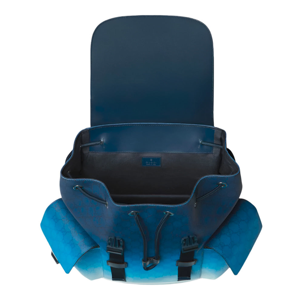 The opening of GUCCI Chroma Large Blue Backpack 
