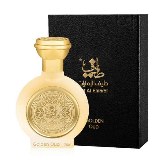 An EDP 75mL bottle of Golden Oud by Taif Al Emarat along with its Box