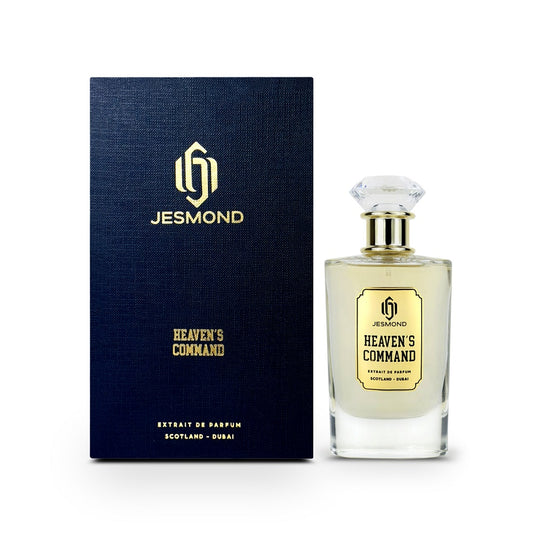 An Extrait de Parfum 100mL bottle of Heaven’s Command perfume by Jesmond fragrances along with its box