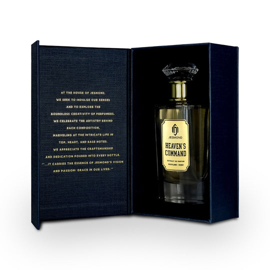 An Extrait de Parfum 100mL bottle of Heaven’s Command perfume by Jesmond fragrances kept in its opened box