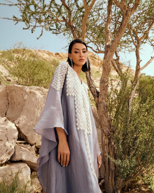 Grey Shimmery Kaftan with Gold Bead Lace