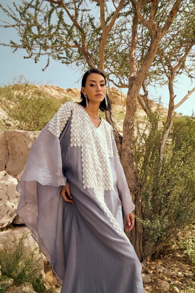 Grey Shimmery Kaftan with Gold Bead Lace