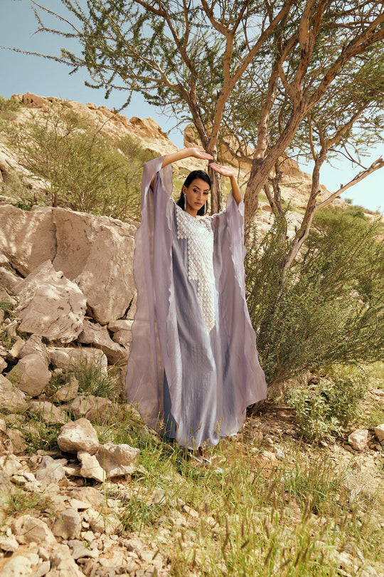 Grey Shimmery Kaftan with Gold Bead Lace