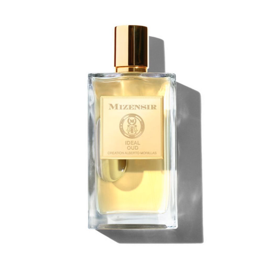 Ideal Oud Perfume bottle by Mizensir with gold cap and label on a white background