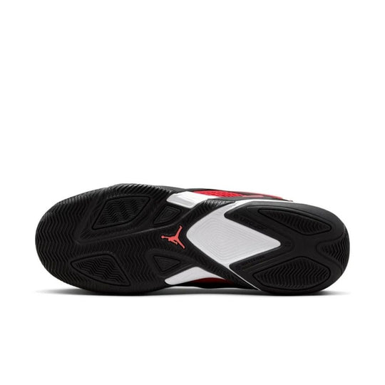 Bottom view of One of red and black JORDAN Heir Bred Men's Shoes. The Jordan logo is visible on the sole.