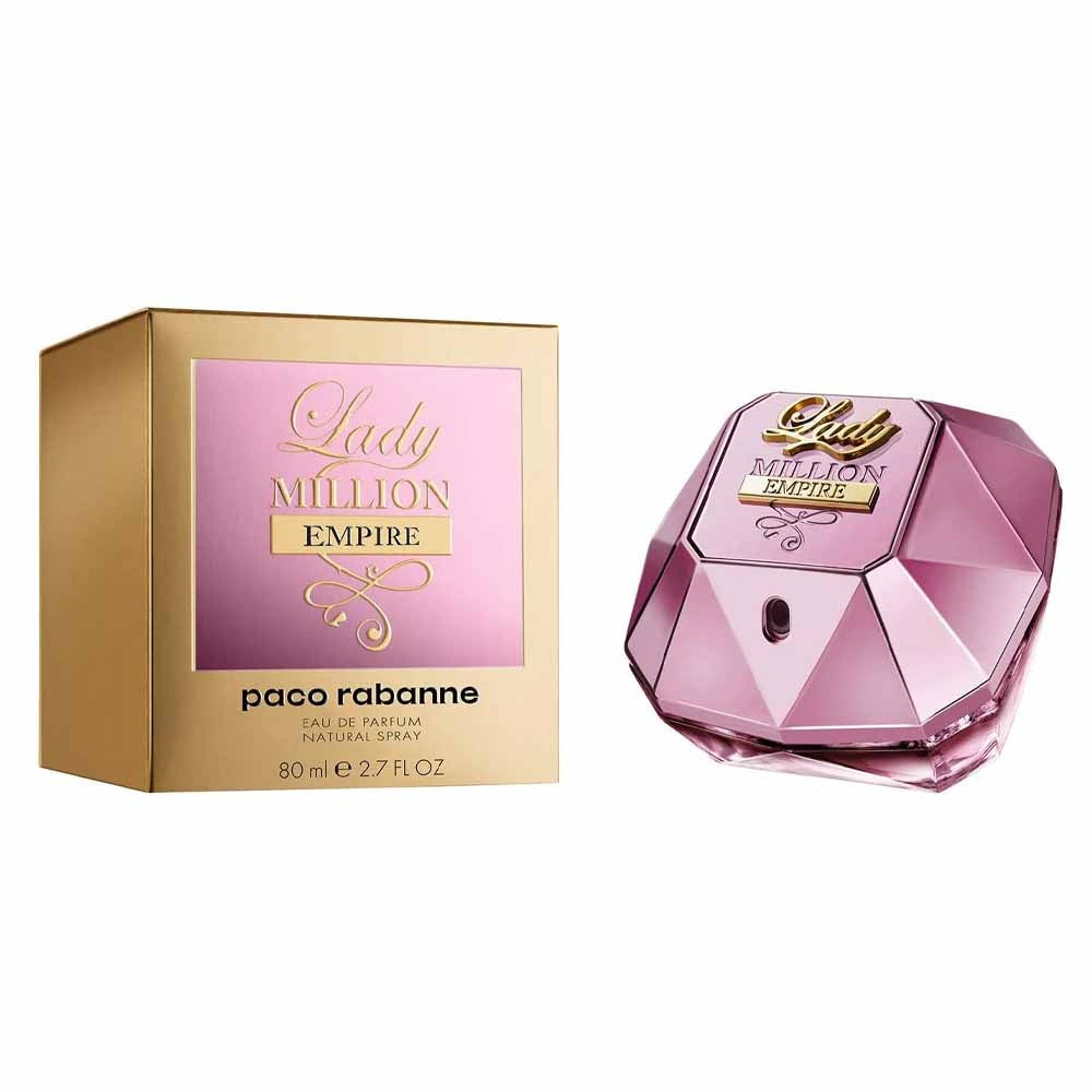 An EDP 80mL bottle of Lady Million Empire perfume by Paco Rabanne along with its box