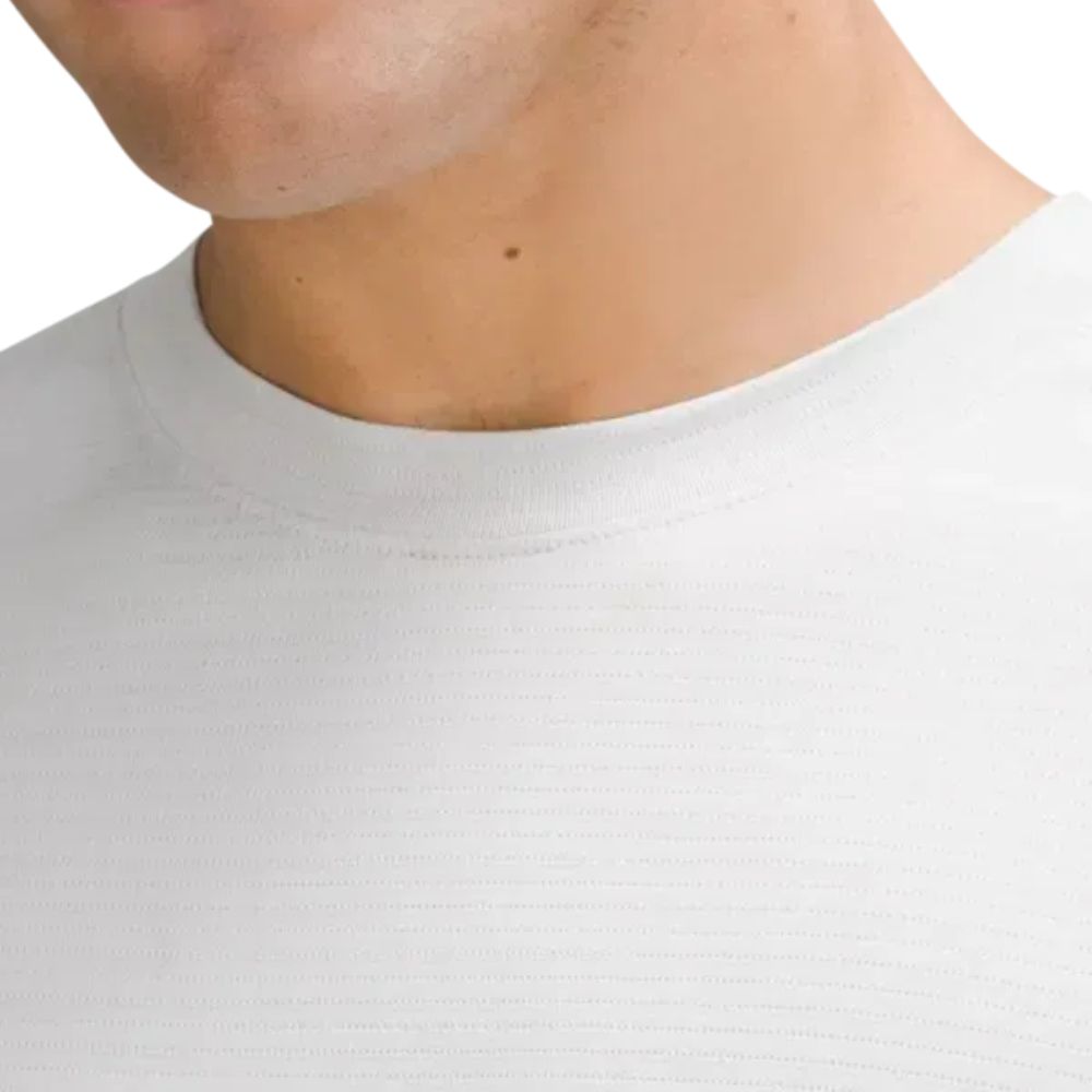 Close up view of neckline of male model wearing LULULEMON License To Train Relaxed Long Sleeve T-Shirt
