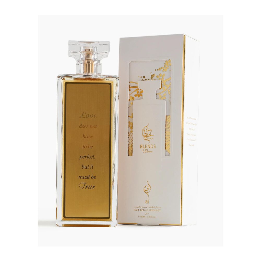 A 150mL bottle of 'Love Everywhere- Ai' perfume spray bottle by Khaltat along with its Box