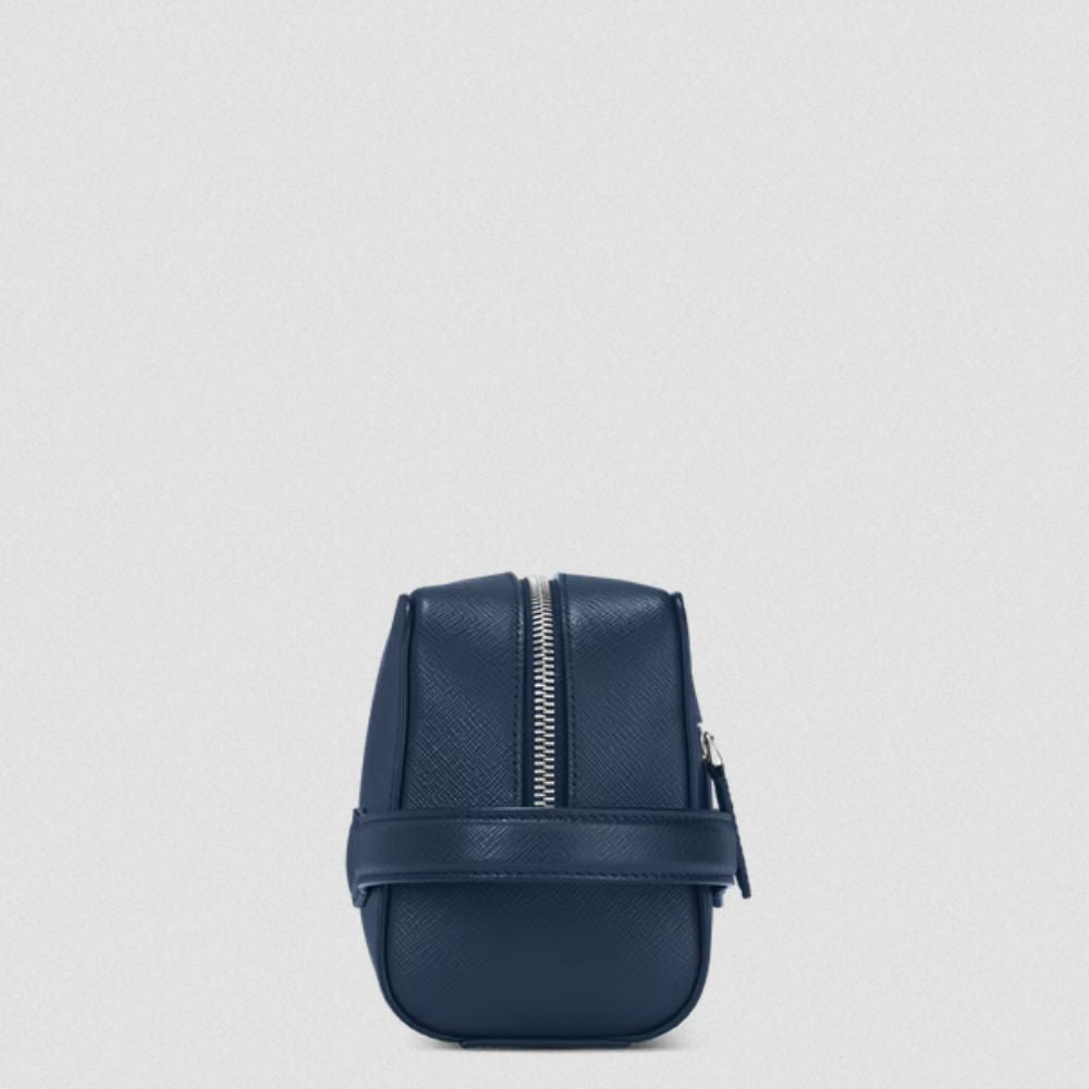 Side View of Montblanc Sartorial Travel Wash Bag in Ink Blue Full-Grain Leather