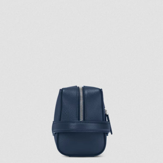 Side View of Montblanc Sartorial Travel Wash Bag in Ink Blue Full-Grain Leather