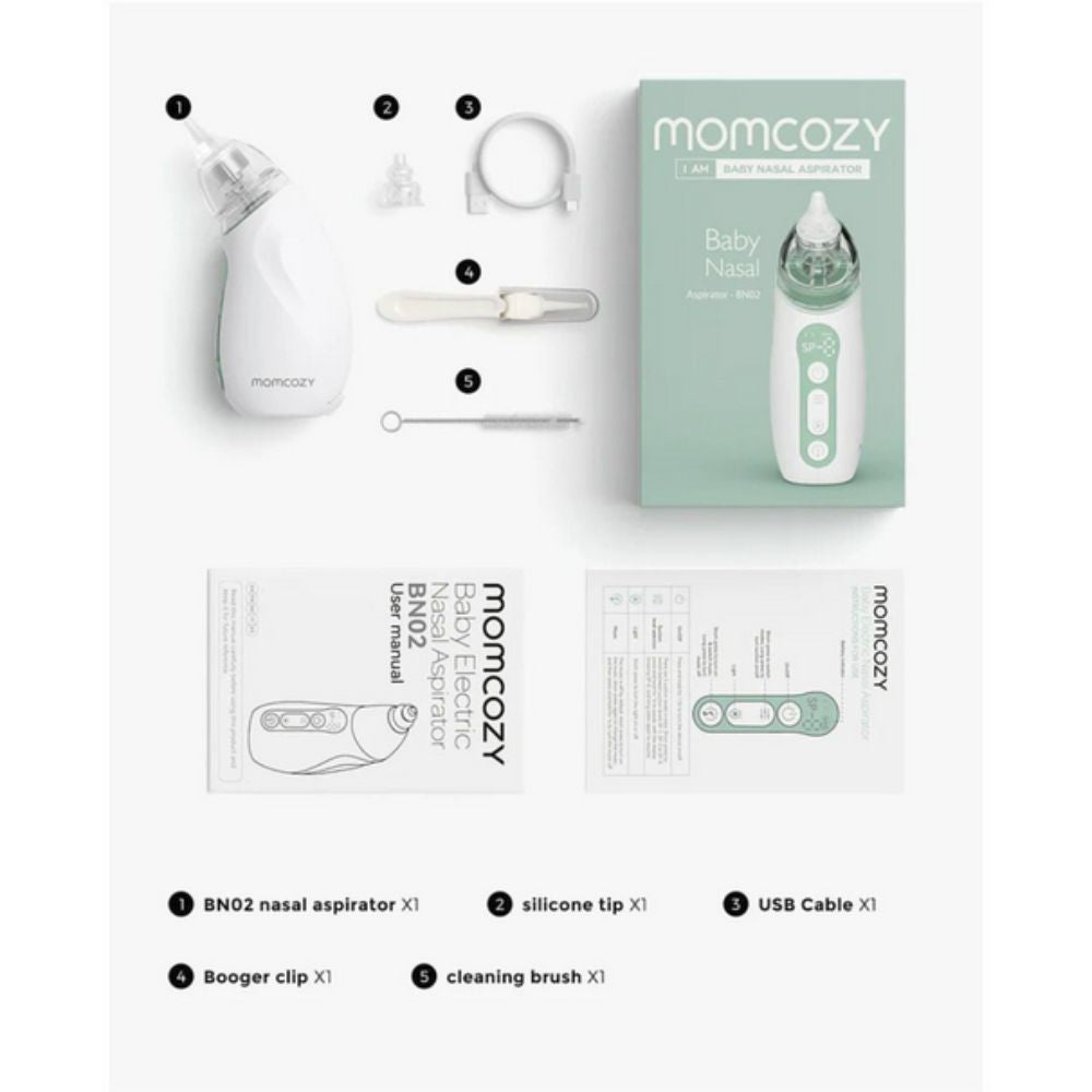 Momcozy baby nasal aspirator set with packaging and accessories on a white background