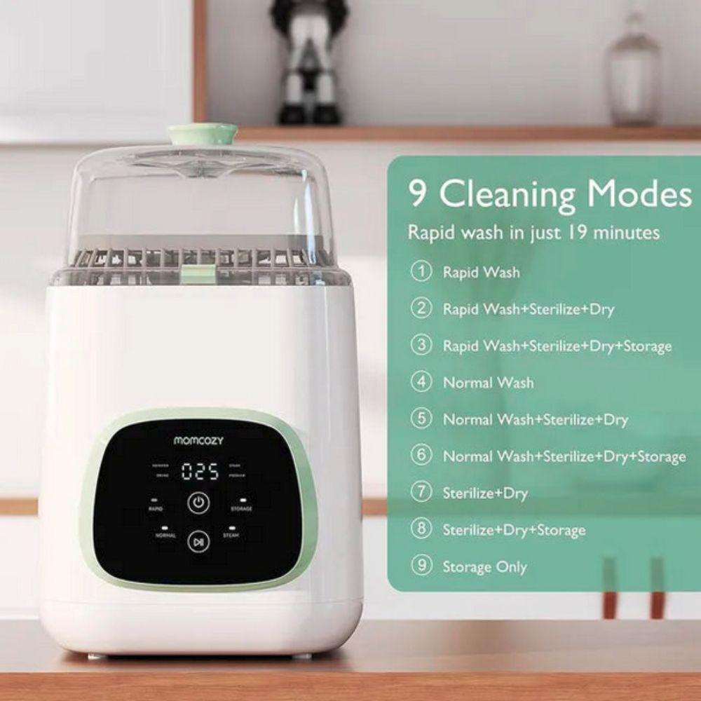 Momcozy KleanPal Pro Automatic Baby Bottle Washer along side text of Nine cleaning modes