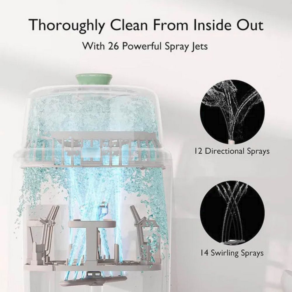 Momcozy KleanPal Pro Automatic Baby Bottle Washer with water splashes and text highlighting features on a white background