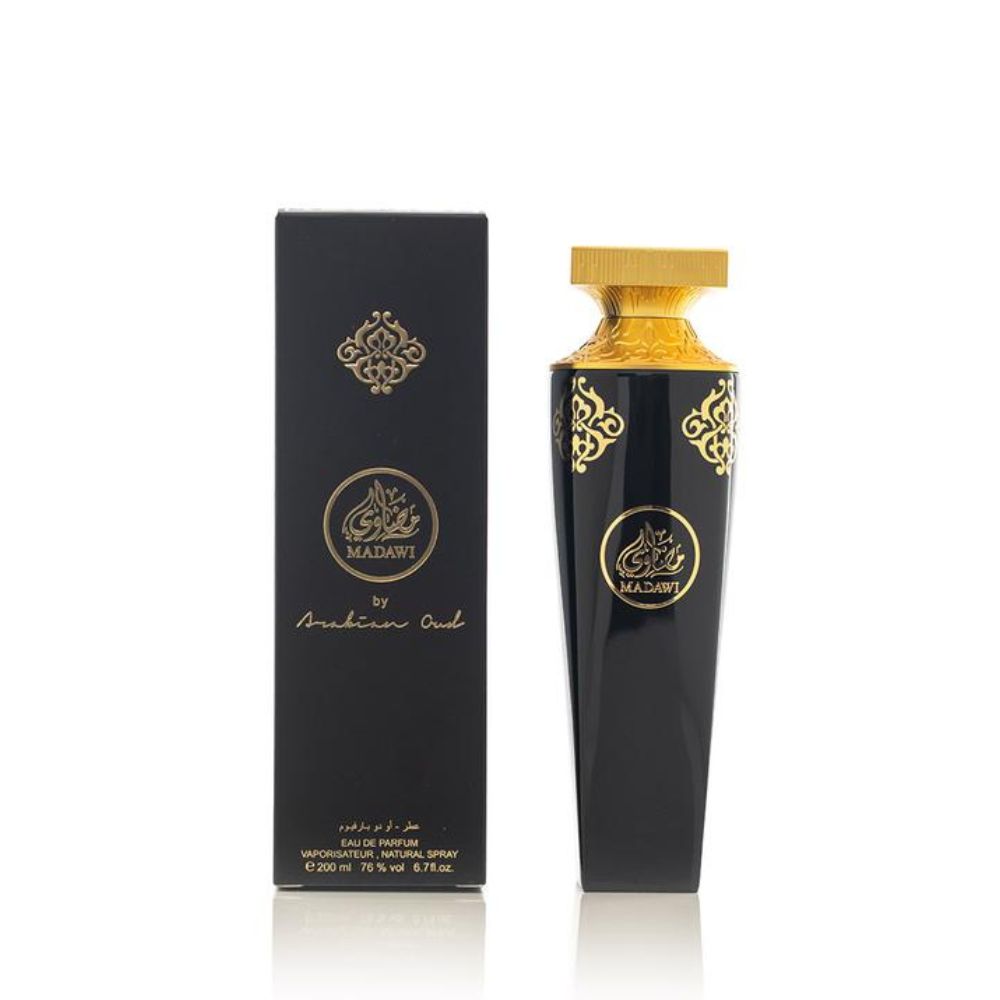 An EDP 200mL bottle of Madawi by Arabian Oud along with its Box