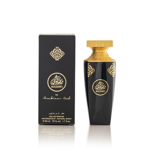 An EDP 50mL bottle of Madawi by Arabian Oud along with its Box