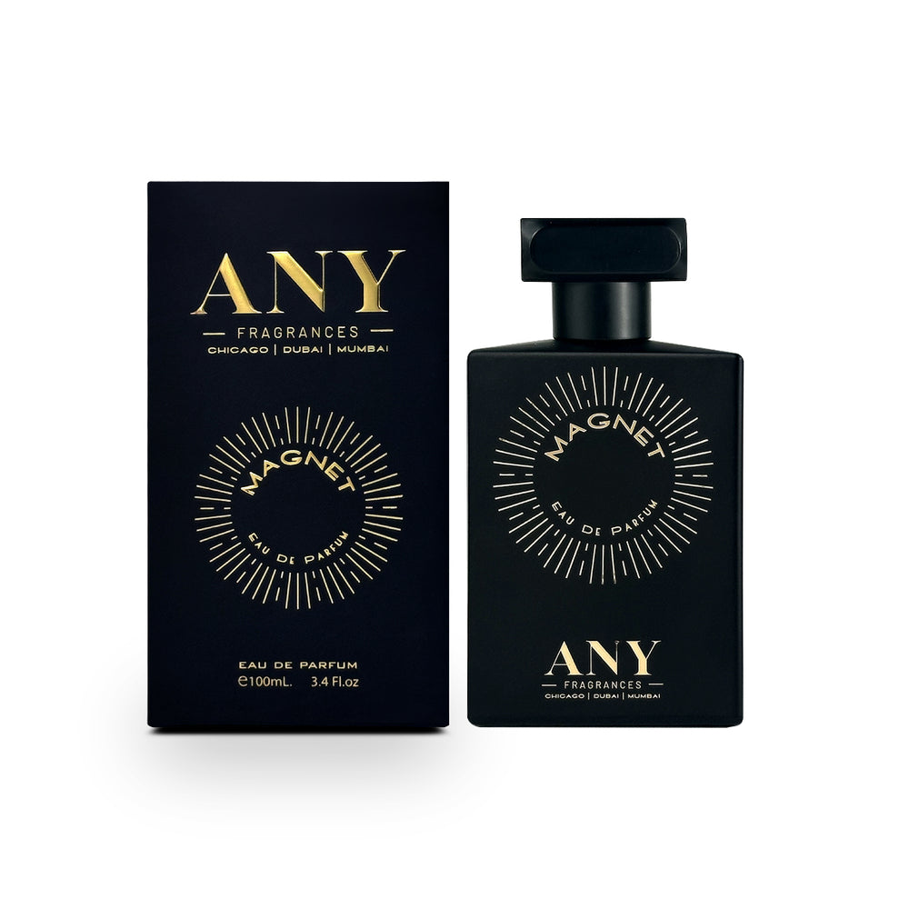 Black perfume bottle and packaging with 'ANY Fragrances' branding on a white background