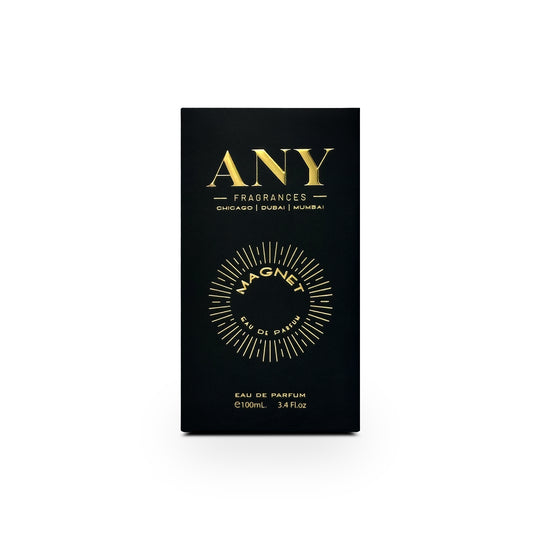 Black perfume box with gold text on a white background