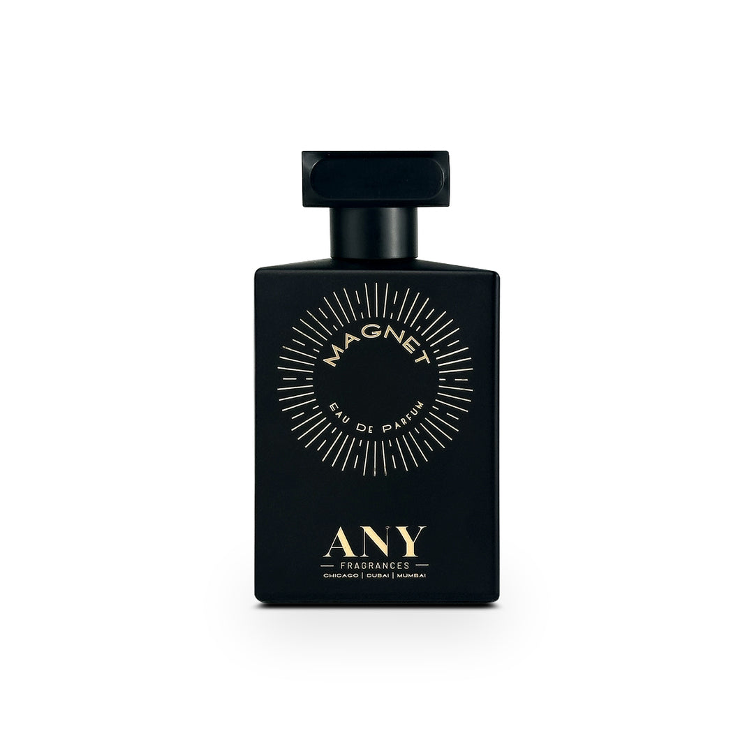 Black perfume bottle with 'Magnet' and 'ANY' branding on a white background