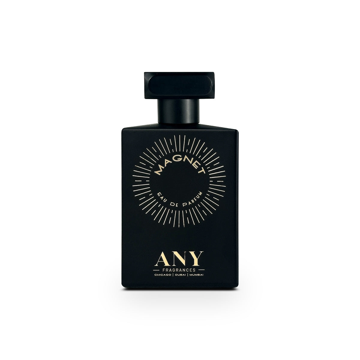 Black perfume bottle with 'Magnet' and 'ANY' branding on a white background