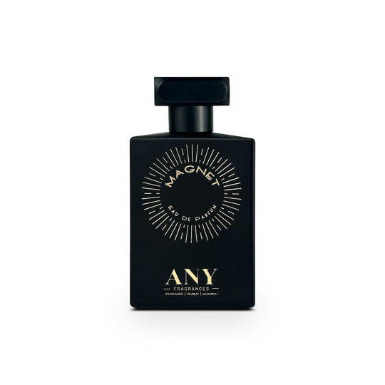 Black perfume bottle with 'Magnet' and 'ANY' branding on a white background