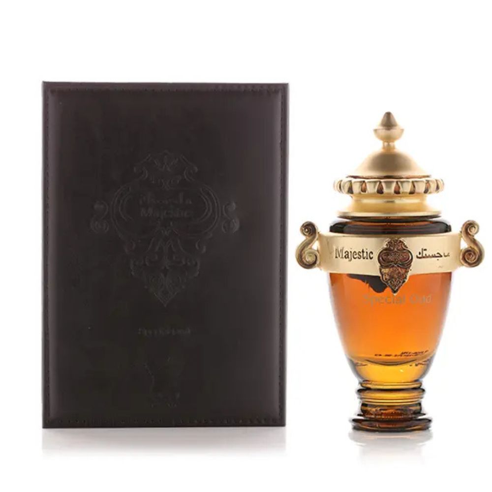 An EDP 100mL bottle of Majestic Special Oud by Arabian Oud along with its Box