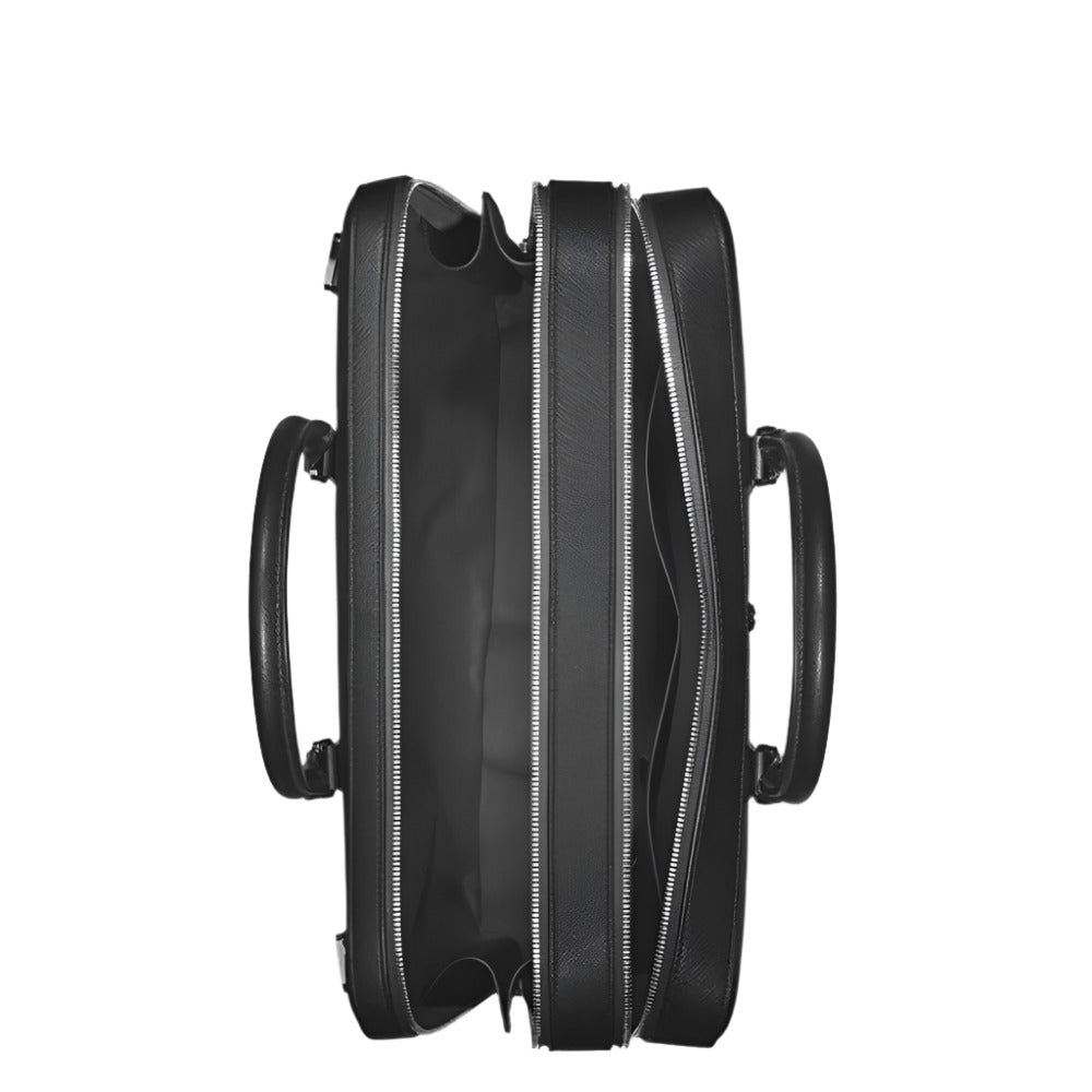 Top view of an open Montblanc Large Padded Sartorial Leather Document Bag with Shoulder Strap