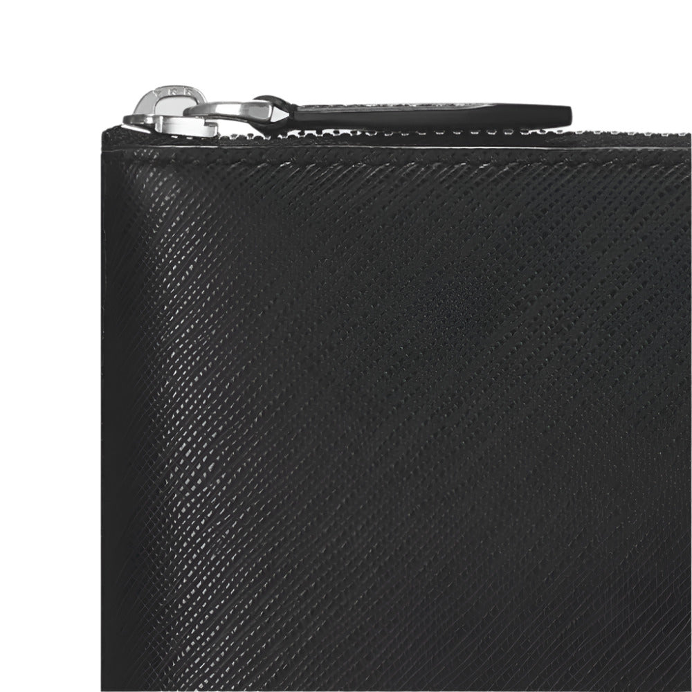 Close-up of Montblanc Sartorial Black Saffiano Leather 13" Laptop Case with a zipper on a light gray background