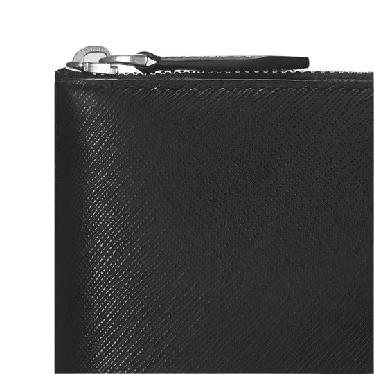 Close-up of Montblanc Sartorial Black Saffiano Leather 13" Laptop Case with a zipper on a light gray background