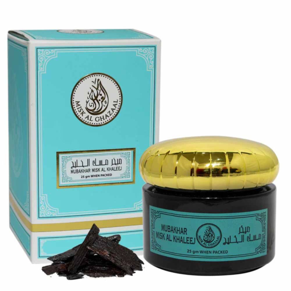 Mubakhar Misk Al Khaleej 25g with its Box besides it along with some Mubakhar 