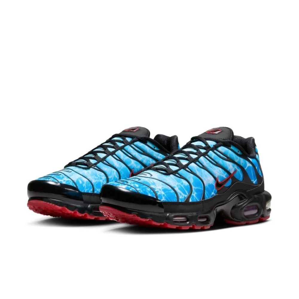 A pair of Nike Air Max Plus, Men's Sneakers, Blue, Black, Water Ripple Pattern, Red Accents, Sports Shoes
