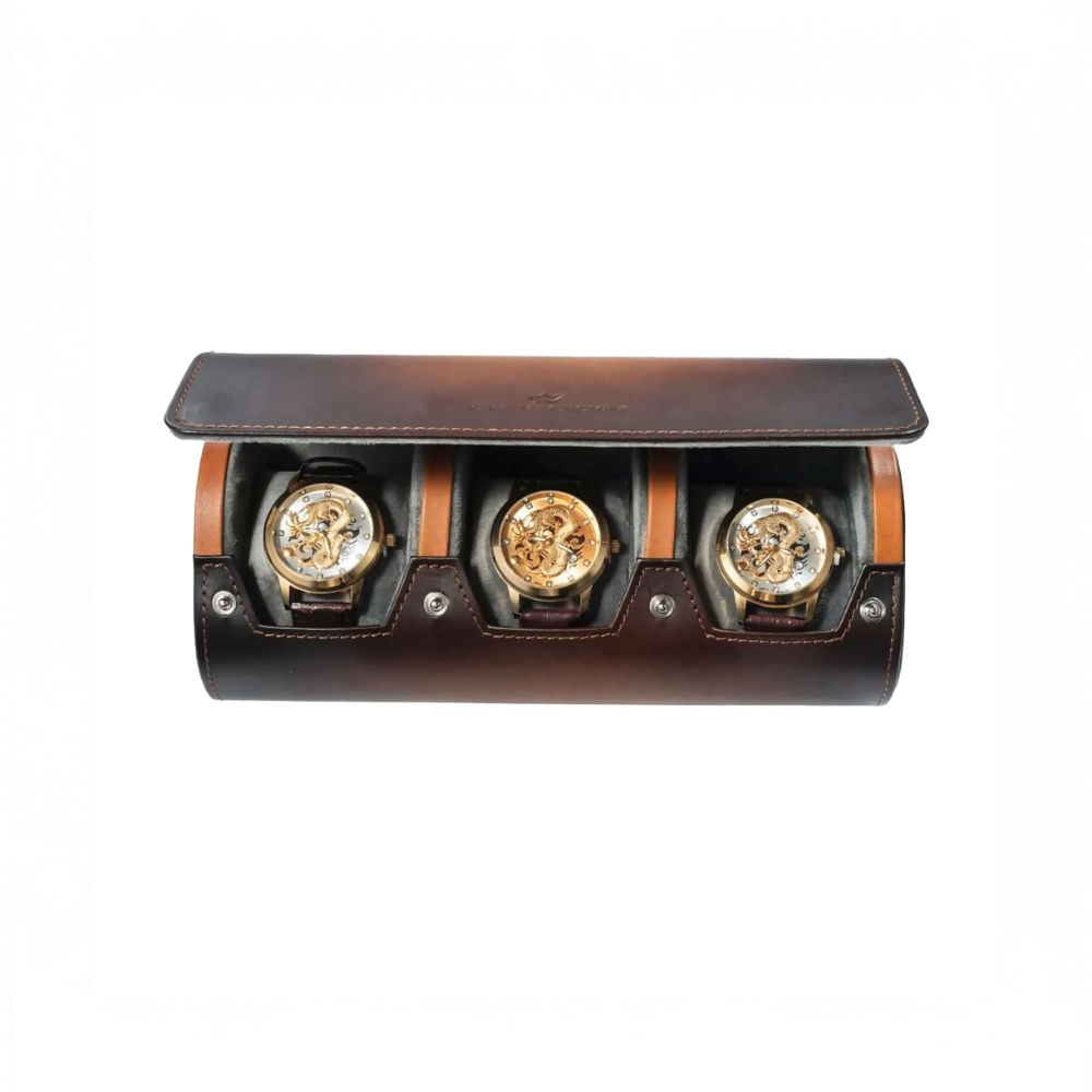 Orient Crown Top Grain Leather Watch Case With 3-Slot Storage in Brown