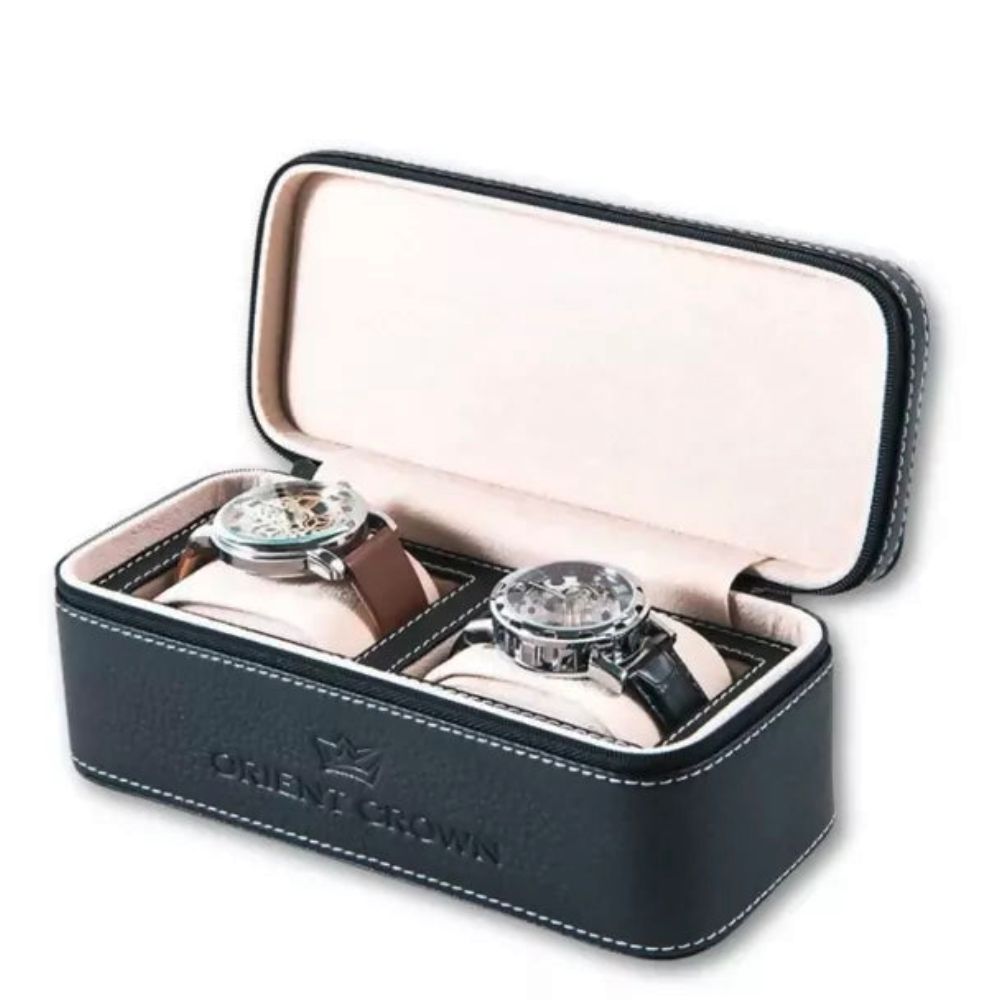 Black watch case with two watches inside on a white background