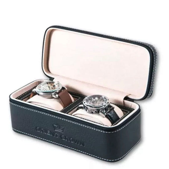 Black watch case with two watches inside on a white background