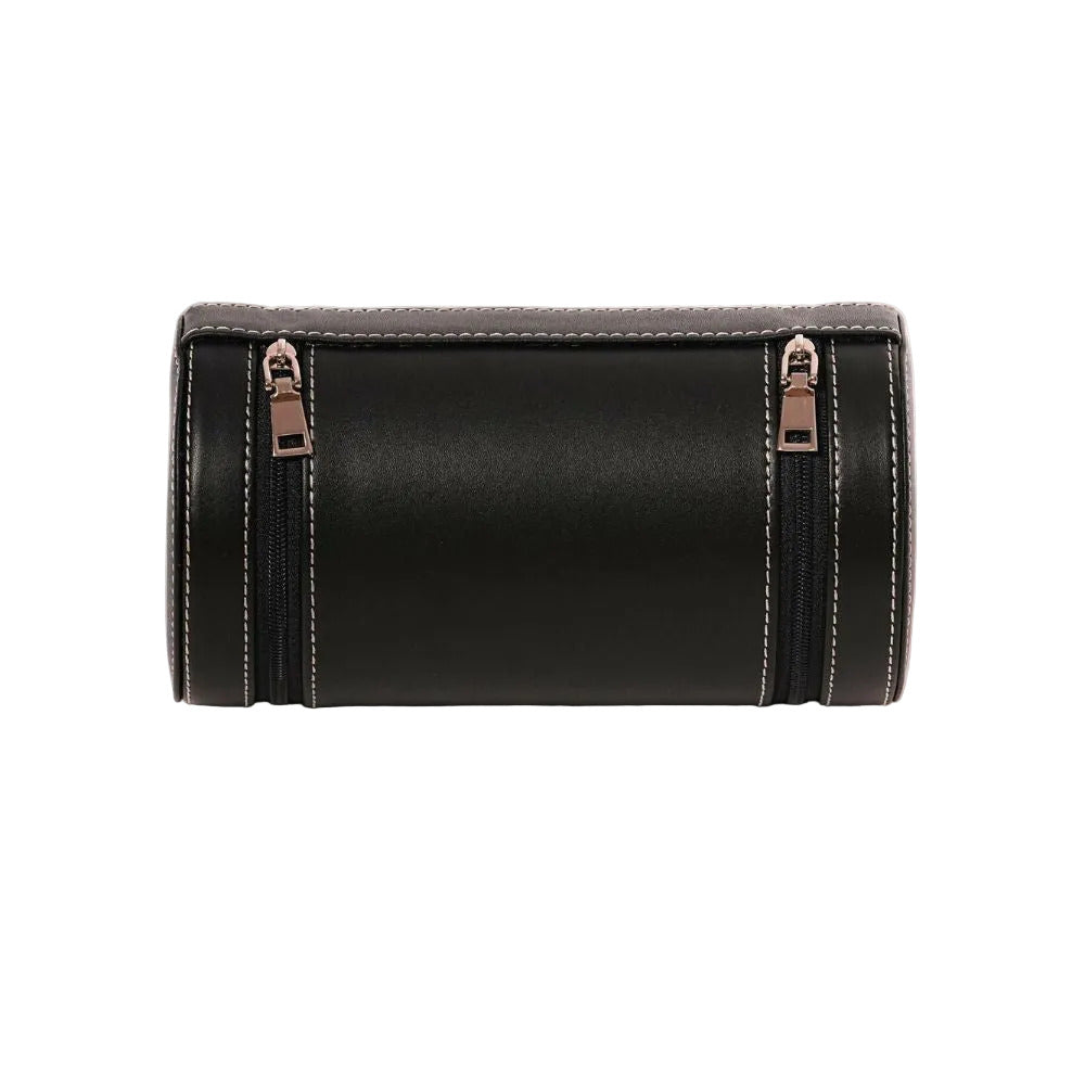 Black leather travel roll with silver zippers on a white background