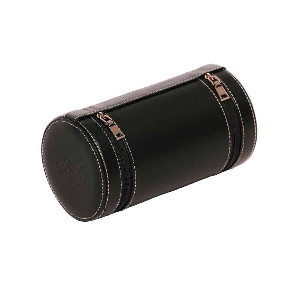 Black cylindrical leather case with gold zipper on a white background
