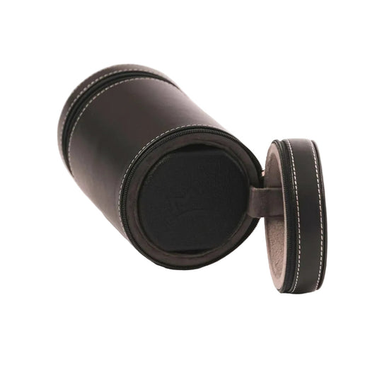 Black cylindrical leather case with white stitching on a white background