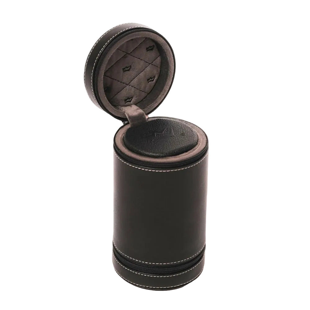 Black leather jewelry box with open lid on a white background