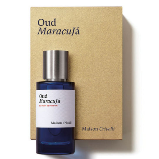 Perfume bottle labeled 'Oud Maracuja' by Maison Crivelli with a matching box on a white background.