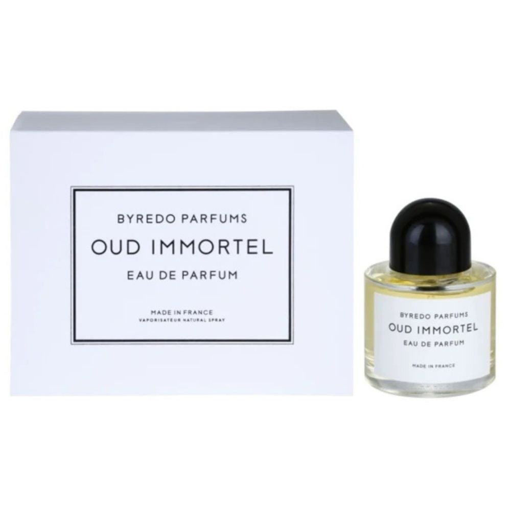 An EDP 100mL bottle of Oud Immortel perfume by Byredo along with its Box